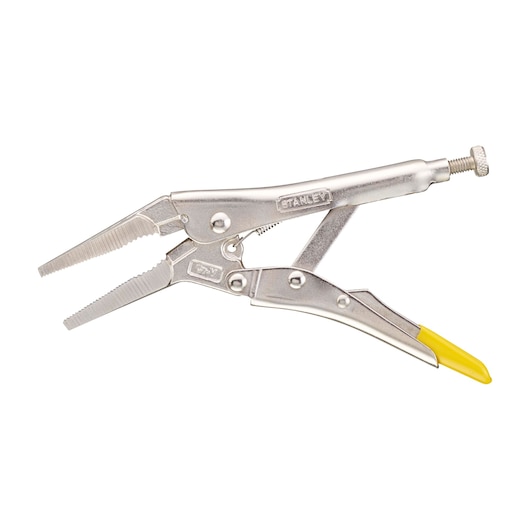 Stanley locking pliers with serrated jaws and a yellow handle grip, suitable for gripping and holding objects.