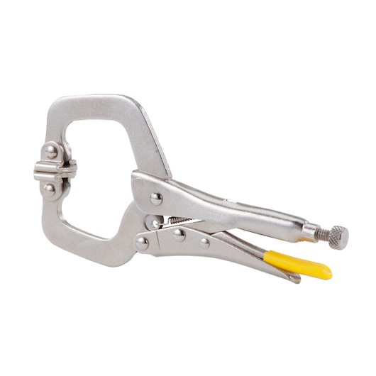 STANLEY 0-84-815 metal C-clamp locking pliers with yellow grip detail, side angle on white background.