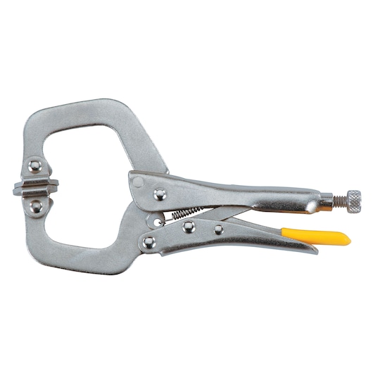 STANLEY 0-84-815 silver locking C-clamp with yellow trigger, side angle, on white background
