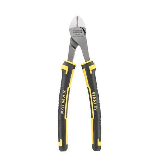 Stanley FatMax diagonal cutting pliers with black and yellow grip handles, tool for cutting wires.