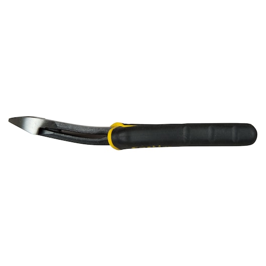 Curved black-handled pliers with a yellow accent, used for gripping or cutting small objects.