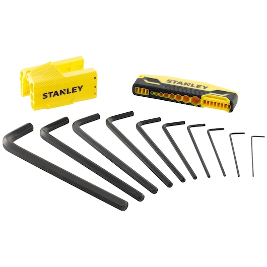 STANLEY 0-89-904 hex key set with black L-shaped wrenches and yellow storage holders, photography on white background.