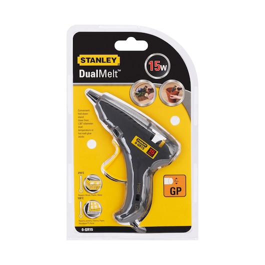 STANLEY 0-GR15 DualMelt glue gun, black, front angle, in retail packaging.