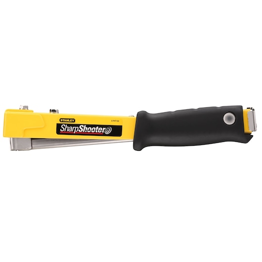 STANLEY 0-PHT150 hand stapler, yellow and black, side angle on white background, rubber grip handle.