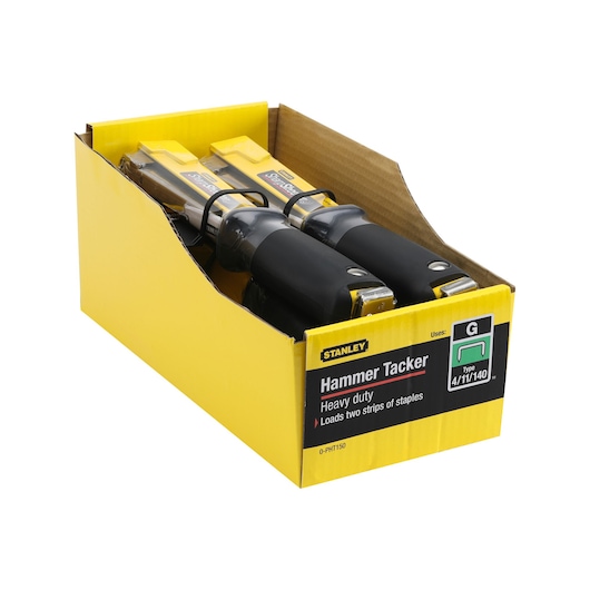 STANLEY 0-PHT150 hammer tackers in yellow display box, front angle, sturdy black handles, product packaging visible.