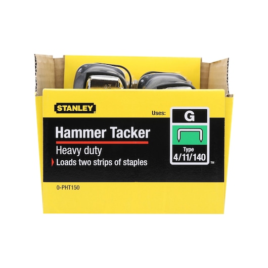 STANLEY 0-PHT150 hammer tacker retail box, yellow packaging, front angle, heavy duty, shows staple compatibility.