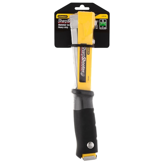 STANLEY 0-PHT150 photography of hammer tacker, yellow and black, front angle on white background