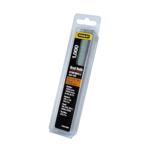 Photo of STANLEY 0-SWK-BN050 brad nails pack, 1000 count, silver nails in clear plastic packaging, angled view.