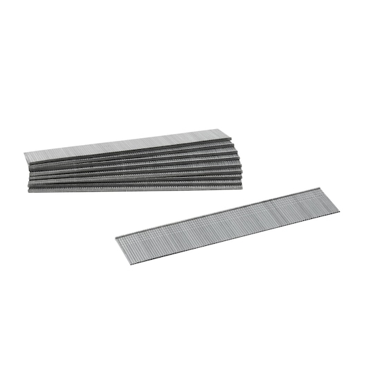 Several strips of metal staples for a stapler, arranged on a white background.