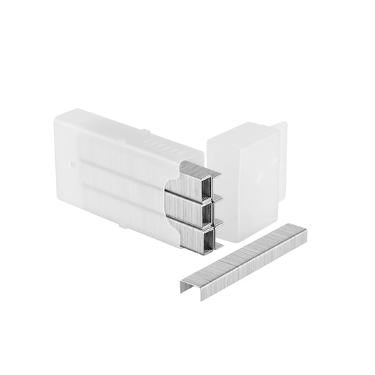 Stack of silver staples next to a transparent plastic box, shown for photography or office use.