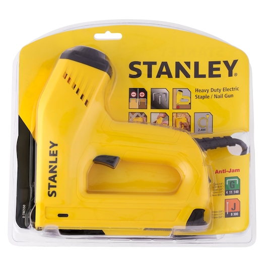 STANLEY 0-TRE550 heavy duty electric staple and nail gun in yellow, photographed front-on in retail packaging.
