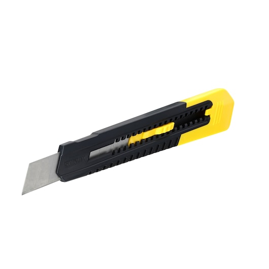 Stanley utility knife with a retractable blade, black and yellow handle, shown on a white background.