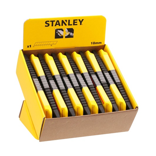 STANLEY 1-10-151 utility knives, yellow and black, 18mm, displayed in open cardboard box, front angle.