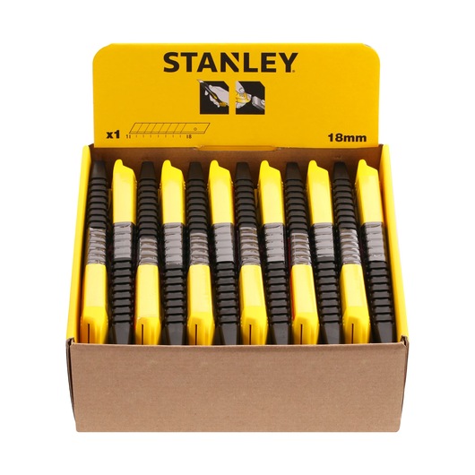 STANLEY 1-10-151 utility knives, yellow and black, in cardboard display box, front angle.