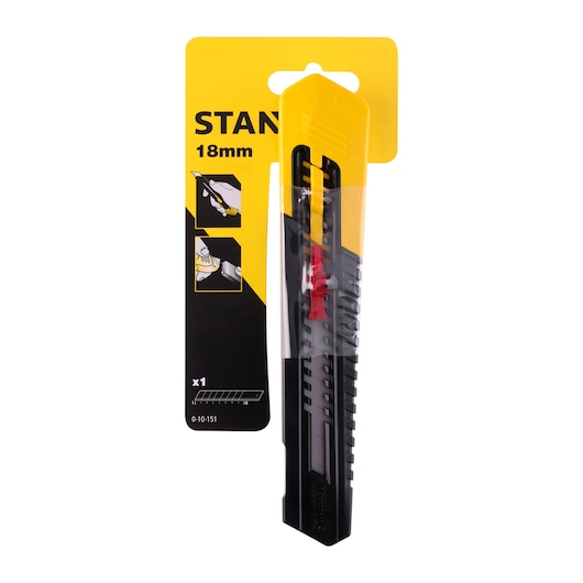 STANLEY 1-10-151 18mm snap-off utility knife, black plastic body, retail packaging, front angle.