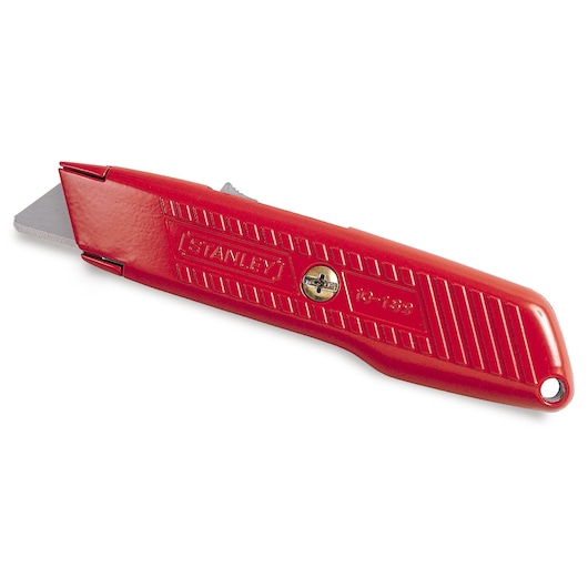 Red Stanley utility knife with metal blade, model 1-10-189, shown against a white background.