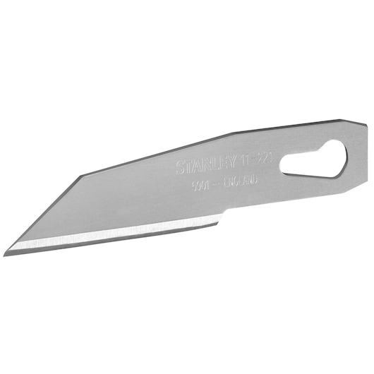 STANLEY 1-11-221 replacement utility knife blade, silver, angled edge, side view on white background.