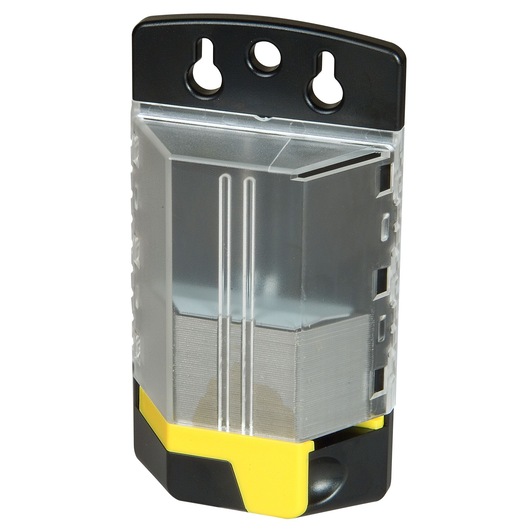 Stanley utility blades in a clear plastic dispenser for safe storage and easy access.