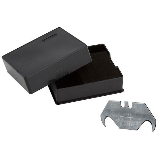 Stanley utility blades in a black box, one blade is shown outside the container.