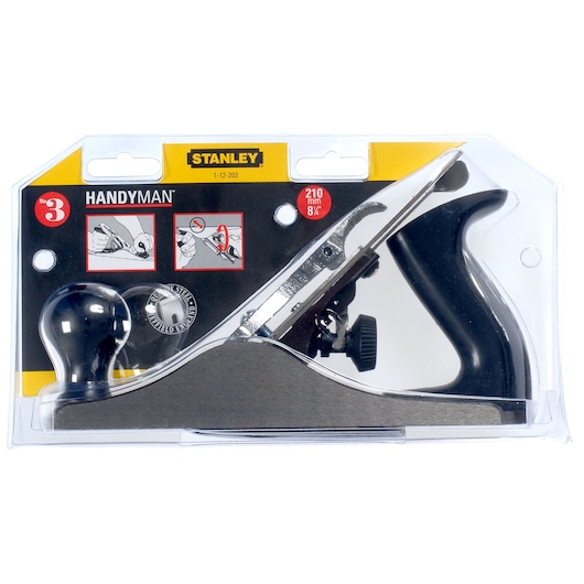 Stanley 1-12-203 hand plane with black handle in retail packaging, photo from front on white background.