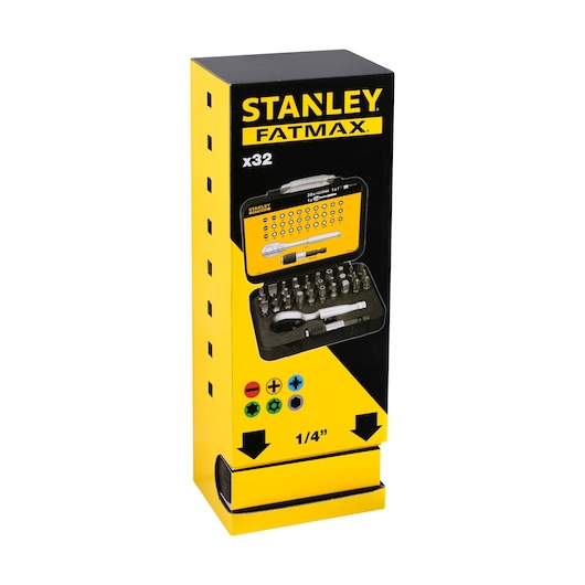 Stanley Fatmax x32 screwdriver bit set packaging with case and various bits displayed.