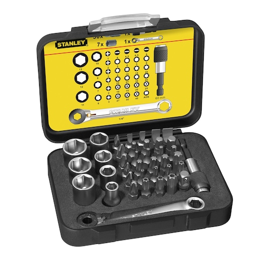 Stanley socket and bit set in a black case with yellow lid, various sizes and wrench for repairs or assembly.