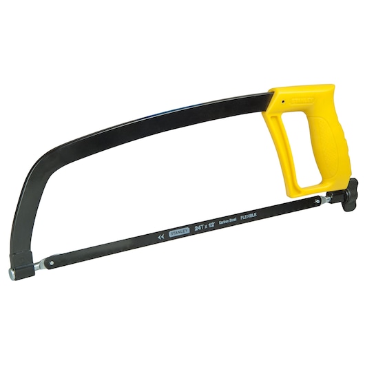 Stanley hacksaw with a yellow handle and black frame, suitable for cutting metal and plastic materials.