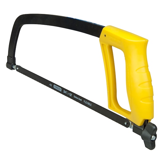 Stanley hacksaw with yellow handle and black blade, suitable for cutting metal or plastic materials.