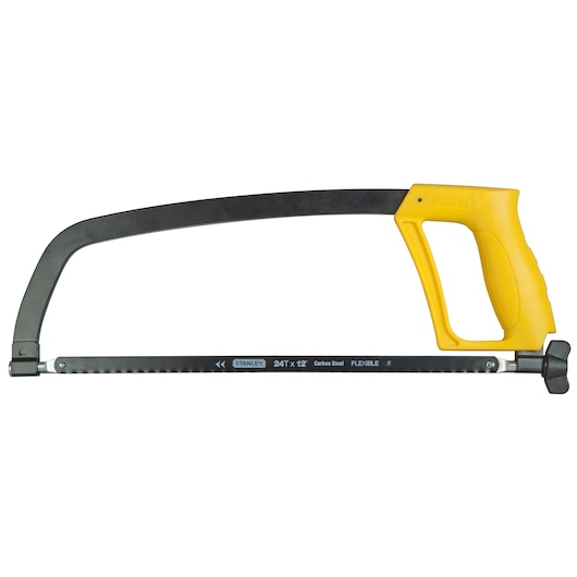 Stanley hacksaw with a yellow handle and black frame, suitable for cutting metal and other materials.