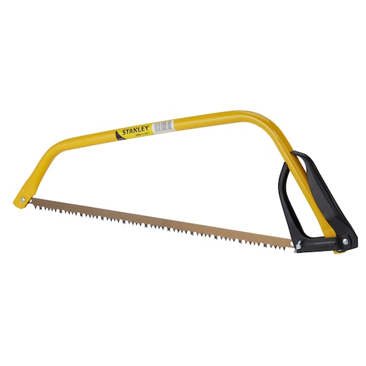 Yellow Stanley bow saw with sharp serrated blade and black handle, suitable for cutting wood.