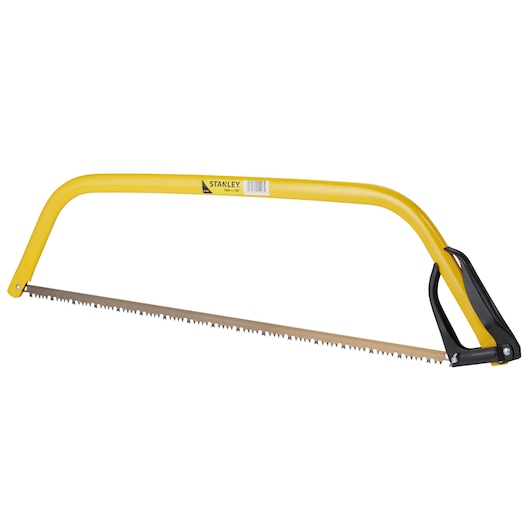 Stanley 1-15-403 yellow bow saw with serrated blade, side angle on white background.