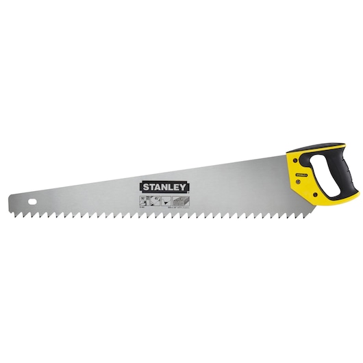 Stanley hand saw with yellow and black handle, wide blade and large teeth for cutting insulation.