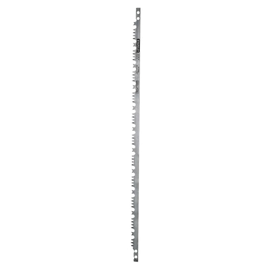 Stanley steel saw blade with sharp teeth, elongated shape and holes at both ends, suitable for woodworking tasks.