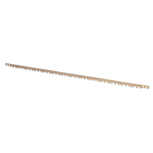 Long metal saw blade with teeth and holes on both ends, displayed against a white background.