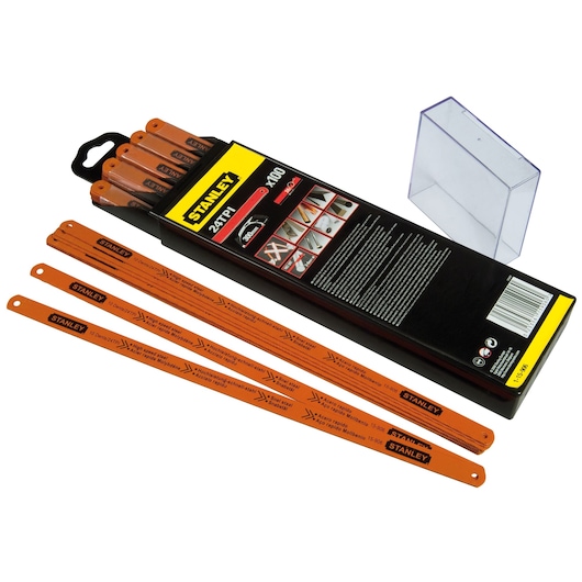 Stanley set of orange hacksaw blades in a box and a transparent container, suitable for cutting various materials.