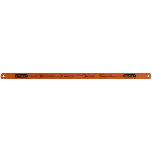 Orange STANLEY high speed steel hacksaw blade with product details printed along its length.