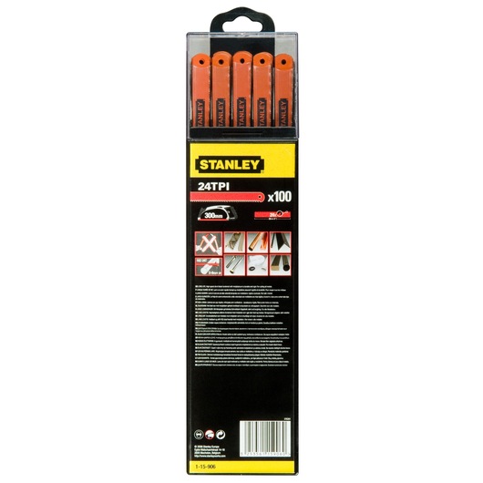 STANLEY 1-15-906 24TPI hacksaw blades pack, black and yellow packaging, rear view, shows five orange blades.