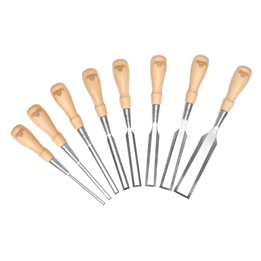 Set of eight Stanley wood chisels with wooden handles, arranged in a fan shape on a white background.