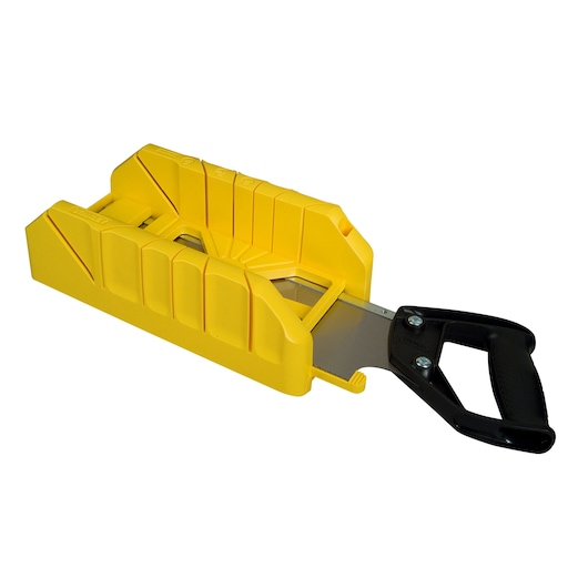 Yellow miter box set with saw and black handle for precise angled wood cuts.