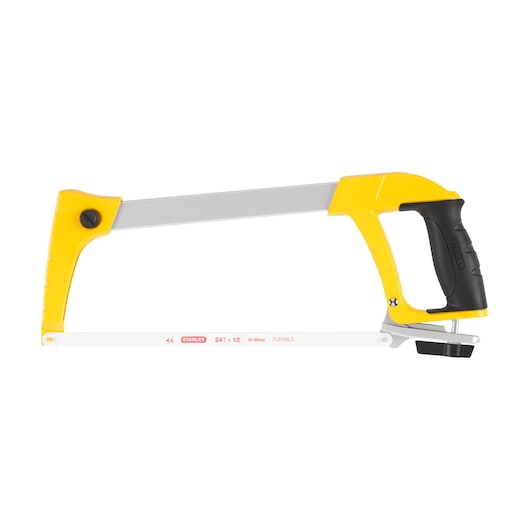 STANLEY 1-20-110 hacksaw with yellow and black handle, side angle, photography product category.