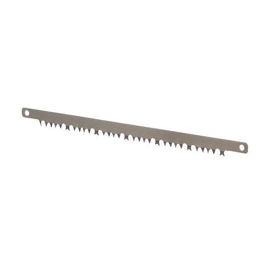 Metal saw blade with sharp teeth and holes at both ends, shown on a white background.