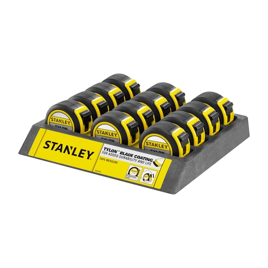 STANLEY 1-30-656 tape measures in yellow and black, displayed in a tray, front angle photo.