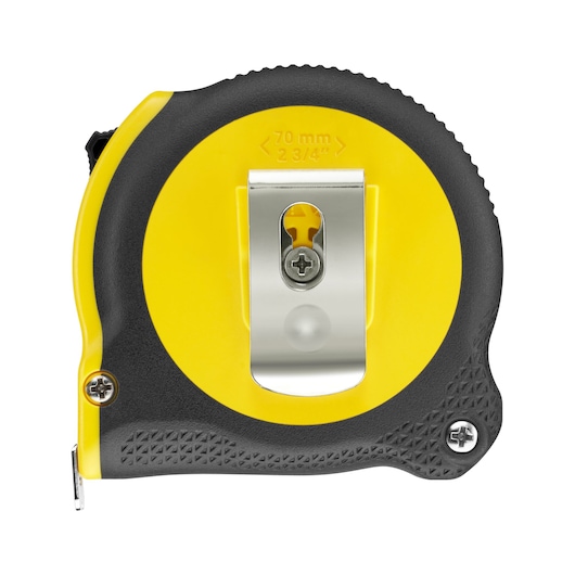 STANLEY 1-30-696 tape measure with yellow and black casing, rear view showing belt clip, product photography.