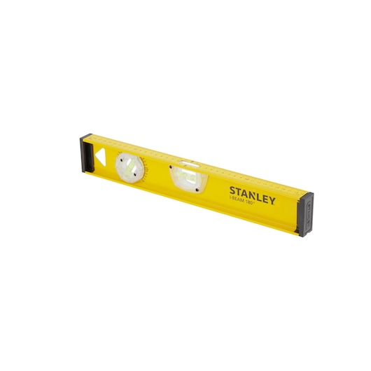 Stanley I-Beam 180 spirit level in yellow, with two vials and marked ruler edge, isolated on a white background.