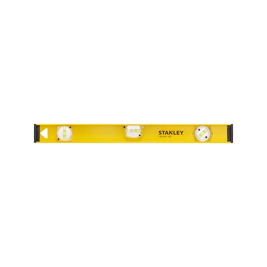 Yellow Stanley spirit level with three bubble vials for accurate measurement.