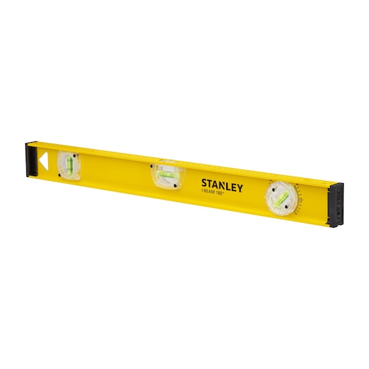 Yellow STANLEY spirit level with three vials for measuring horizontal and vertical alignment.