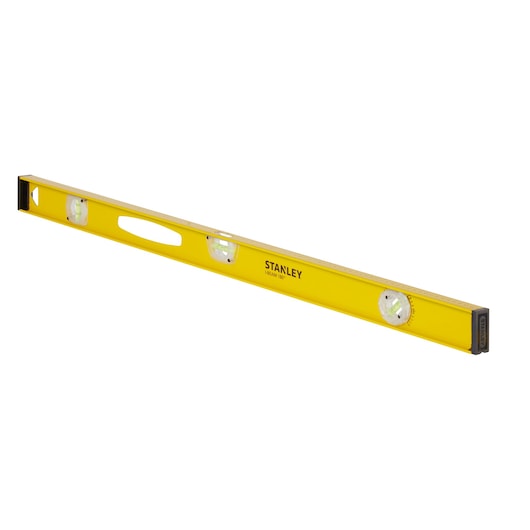 STANLEY 1-42-922 yellow spirit level with three vials, side angle on white background.