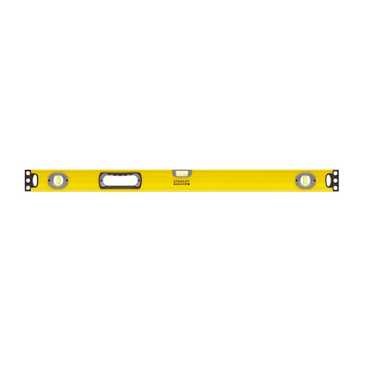 Yellow Stanley spirit level with three bubble vials and a central handle for measuring straight surfaces.