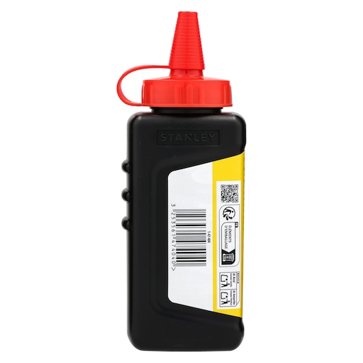 STANLEY 1-47-404 chalk powder bottle, black container with red nozzle, side view, product photography.