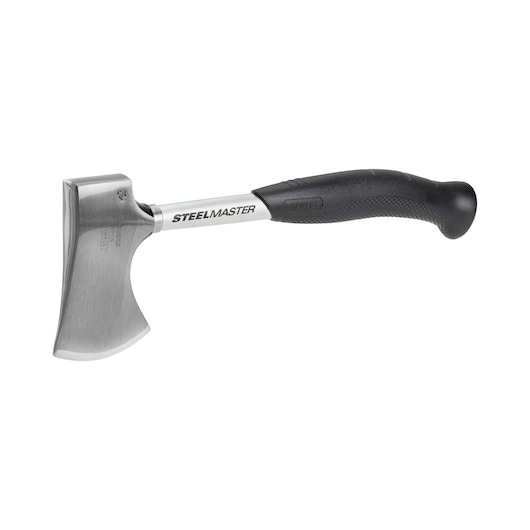 Stanley Steelmaster axe with a metal blade and a black ergonomic handle, shown on a white background.